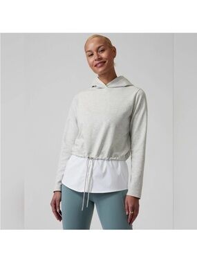NWOT Athleta Gallery Hoodie Top Pullover Poplin Heathered Grey White Woman’s L